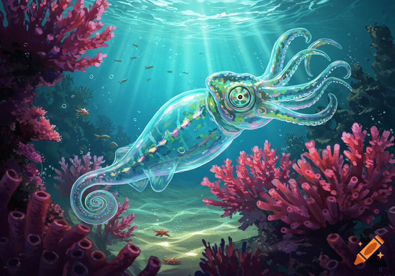 A colorful, translucent squid with a coiled tail swims in a brightly lit coral reef with small fish, rendered in an illustrative style.