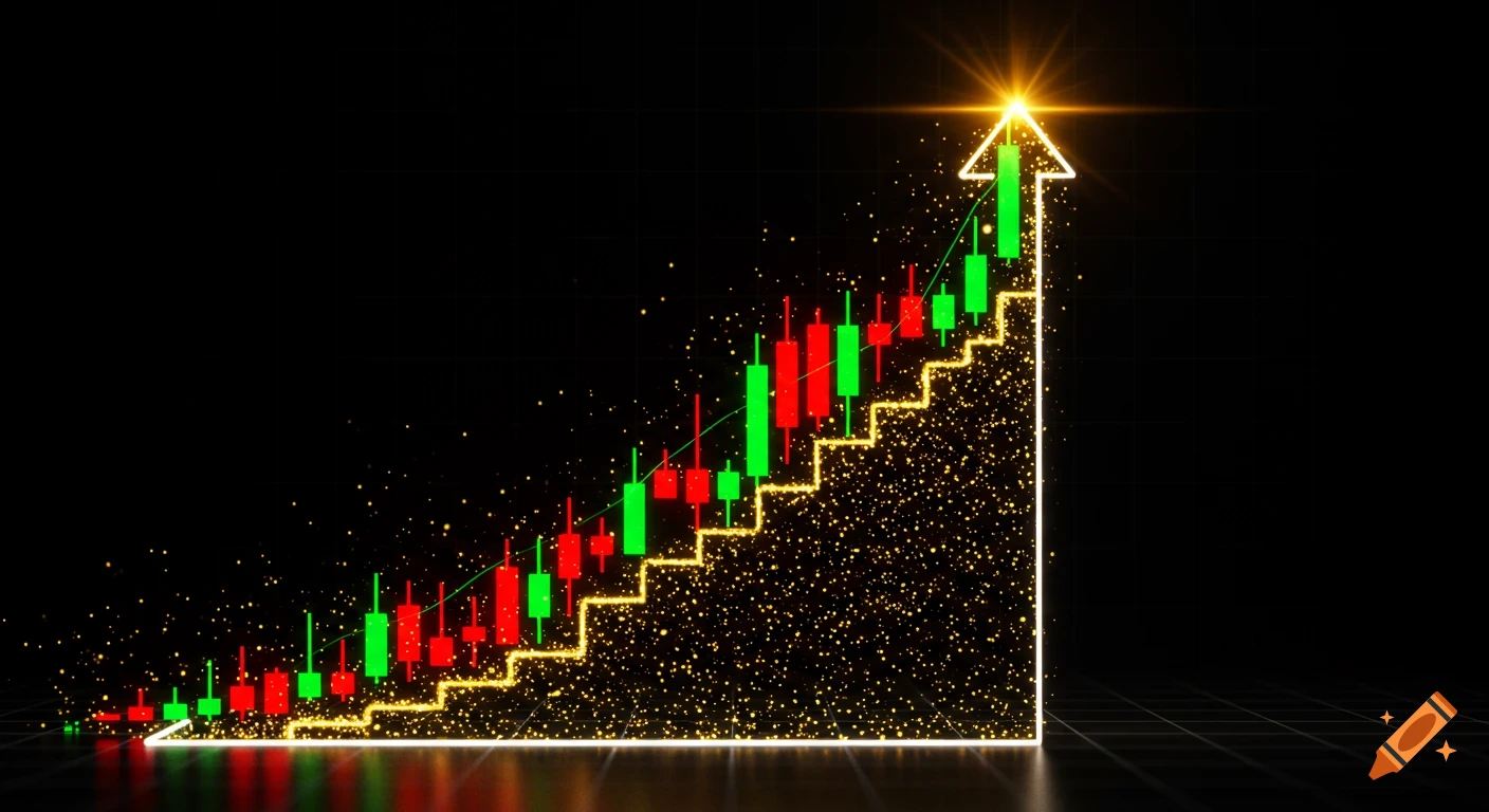 A glowing red and green candlestick chart rising upwards like a golden staircase, with golden sparkles on a dark background.