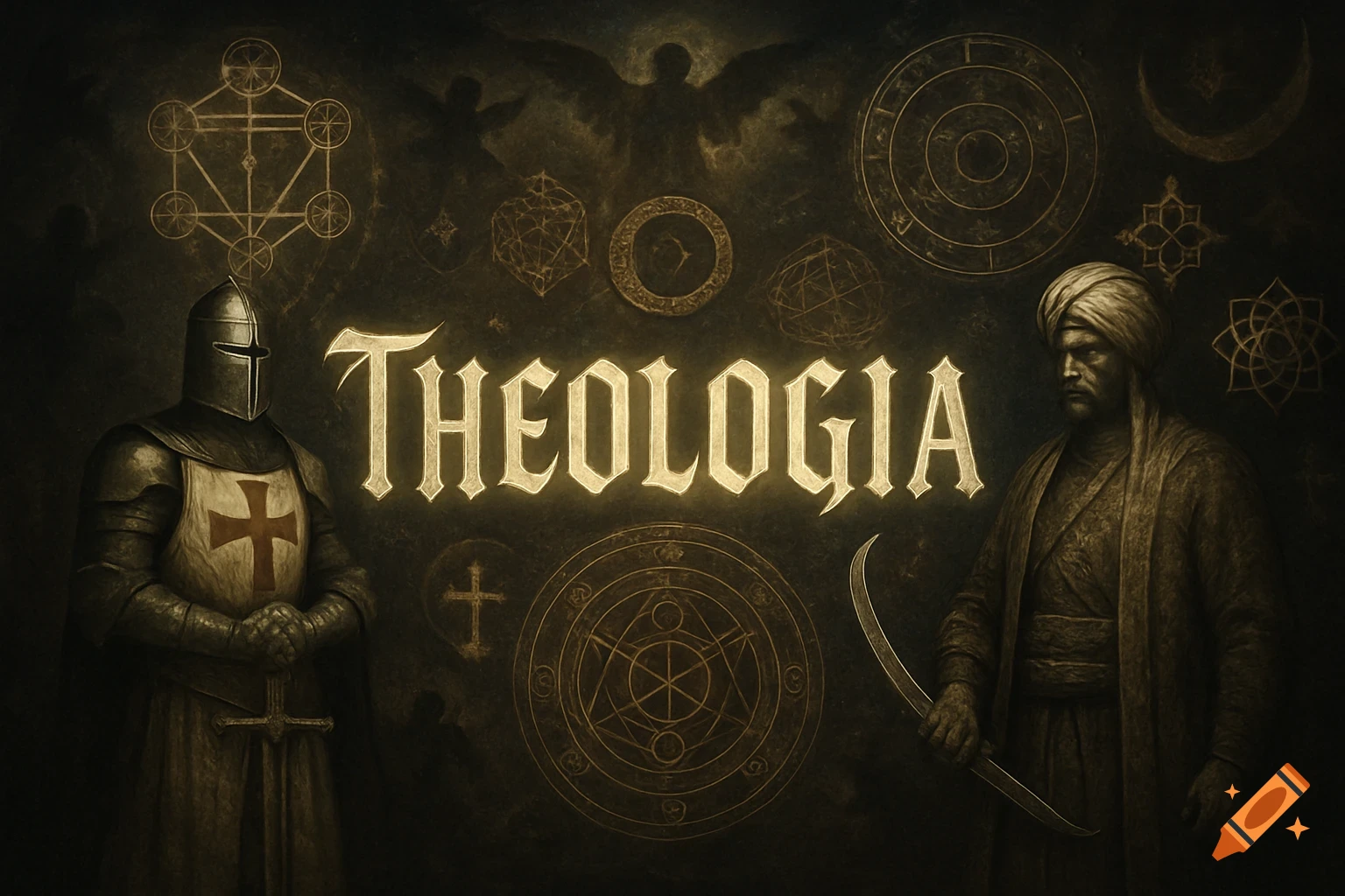 A dark, mystic collage with a knight and Mamluke warrior flanking the glowing word 'THEOLOGIA', surrounded by religious and occult symbols.