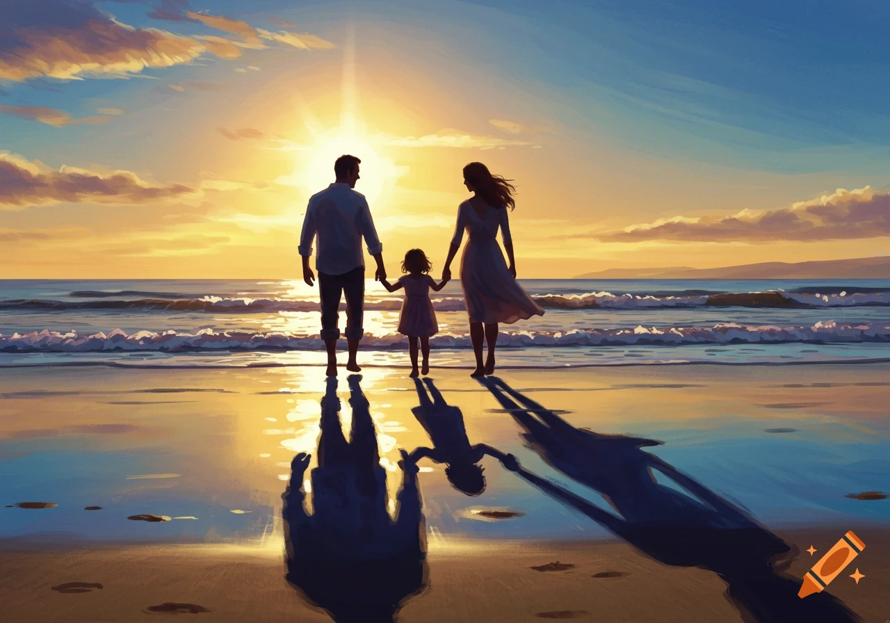 An illustrative image of a family, a father, mother, and young daughter, holding hands and walking on a beach at sunset.