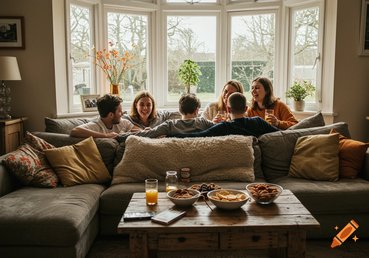 Friends laugh on a sofa with snacks and drinks on the coffee table in a living room, viewed from behind.