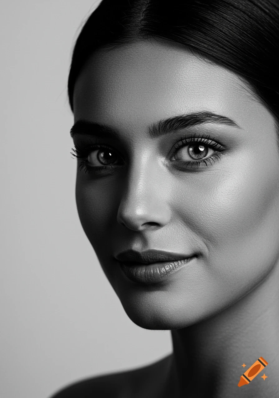 Close-up black and white portrait of a woman with expressive eyes and a hint of a smile, illuminated by studio light.