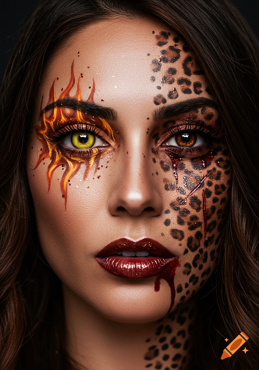 Close-up photorealistic portrait of a woman with half her face painted with fiery elements and a yellow eye, and the other half with leopard spots and stylized blood.