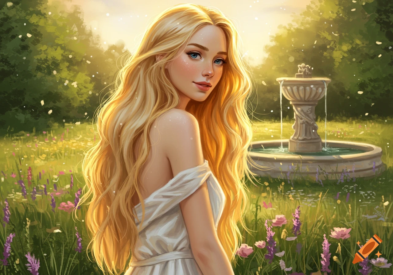 Digital painting of a beautiful blonde woman with long wavy hair in a white dress, looking over her shoulder in a sunny garden with a fountain.