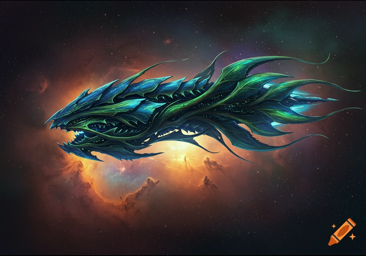 A blue and green plant-like spaceship with sharp fins floats in space against a bright orange and purple nebula background.
