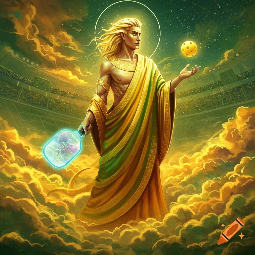 A muscular, blonde-haired pickleball god in a golden robe with a glowing paddle and ball, above clouds with a stadium background, digital art.