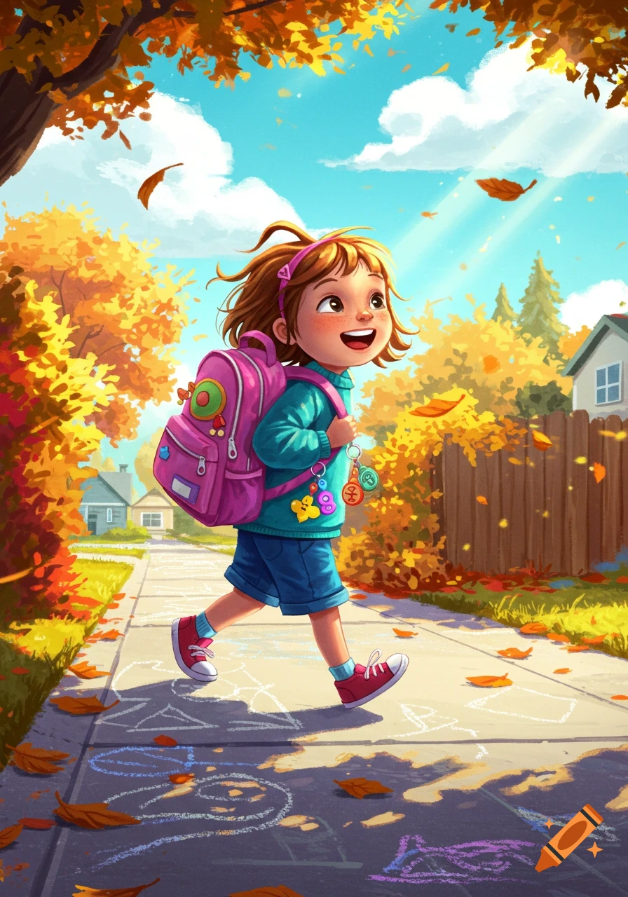 A happy young girl with a pink backpack walks on a sidewalk surrounded by vibrant autumn trees and fallen leaves in a colorful illustration.