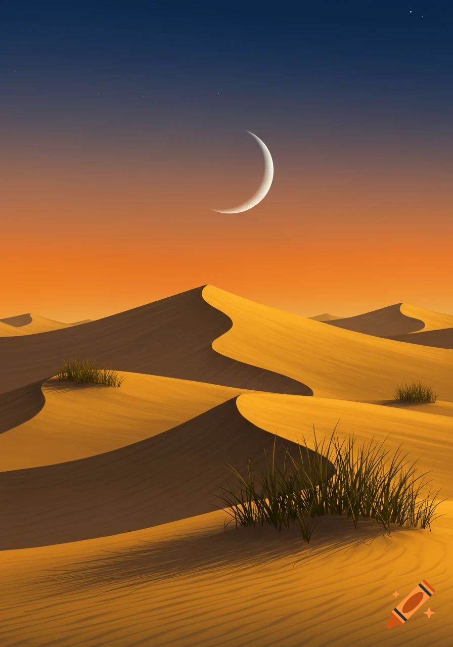 A stylized desert landscape with undulating sand dunes under an orange and dark blue sky with a bright crescent moon.