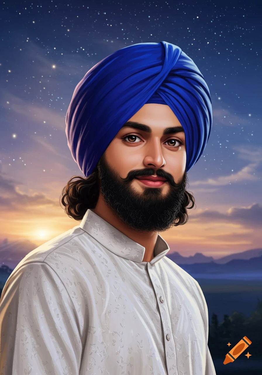 A handsome young Sikh man with a blue turban and black beard smiles gently against a starry evening sky with a sunset glow.
