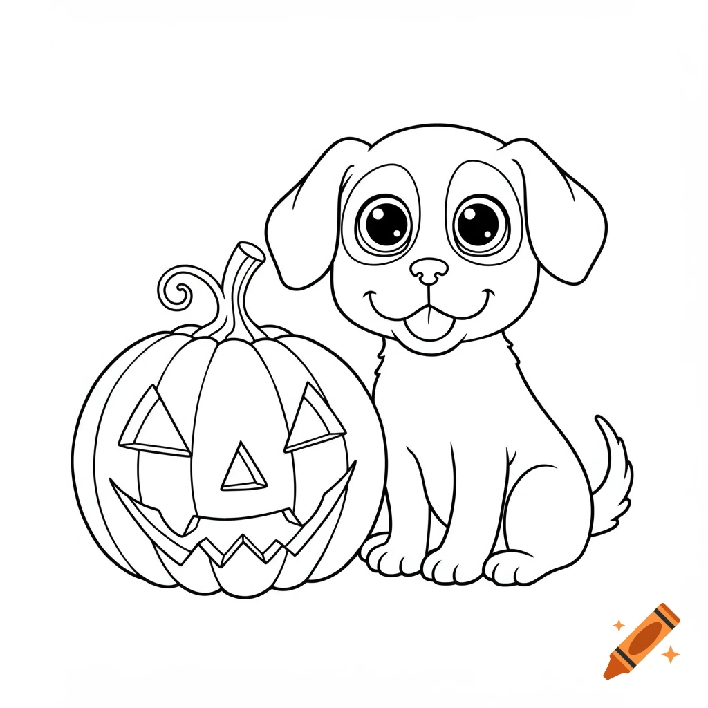 Line art of a happy cartoon puppy sitting next to a carved jack-o'-lantern, ready for coloring.