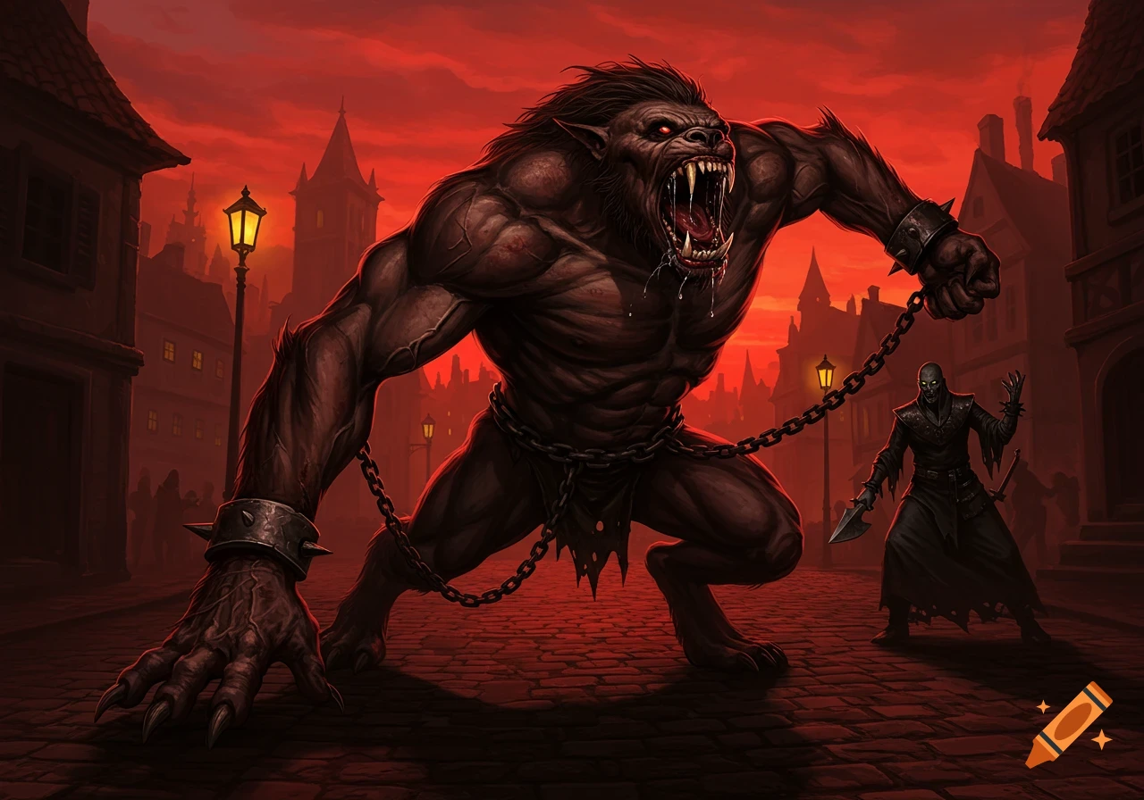 A massive, muscular, snarling beast with fangs and chains, held by a dark figure in a red-skied town street, dark fantasy illustration.