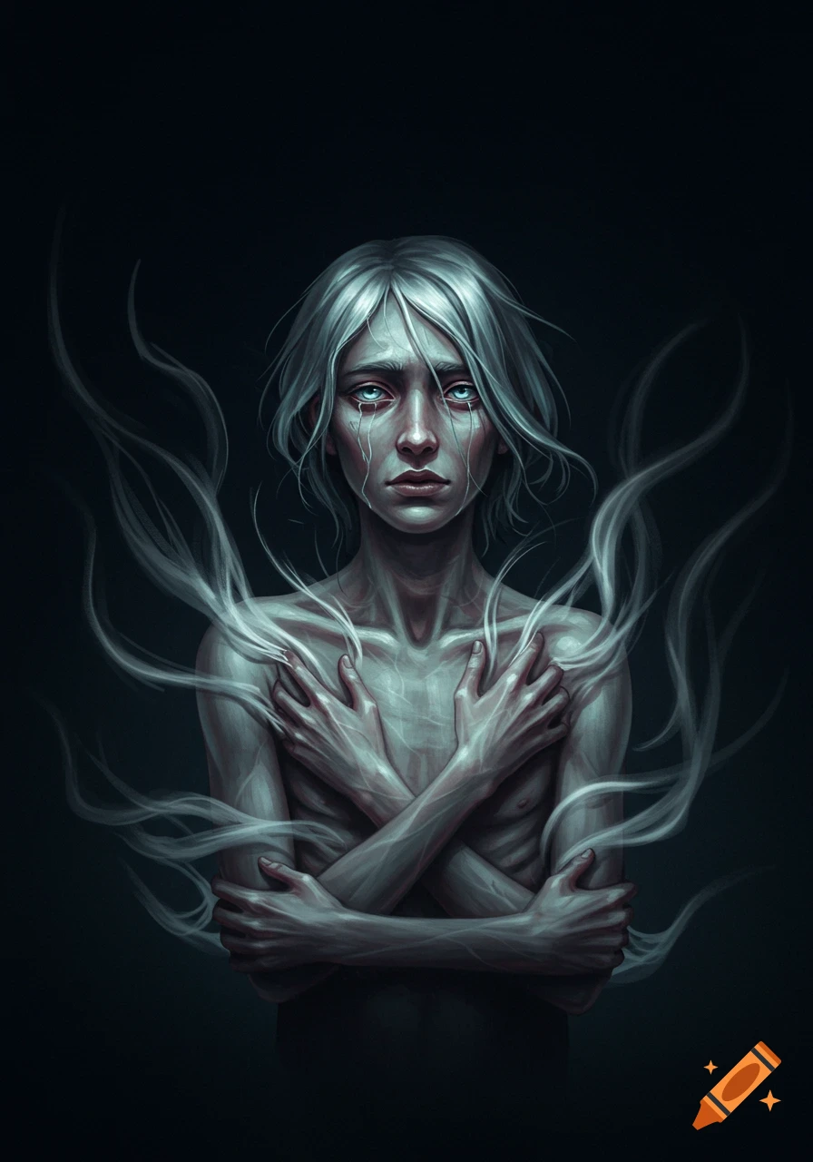 Pale, gaunt woman with white hair, glowing blue eyes, tears, arms crossed, surrounded by wispy tendrils in a dark, ethereal setting.