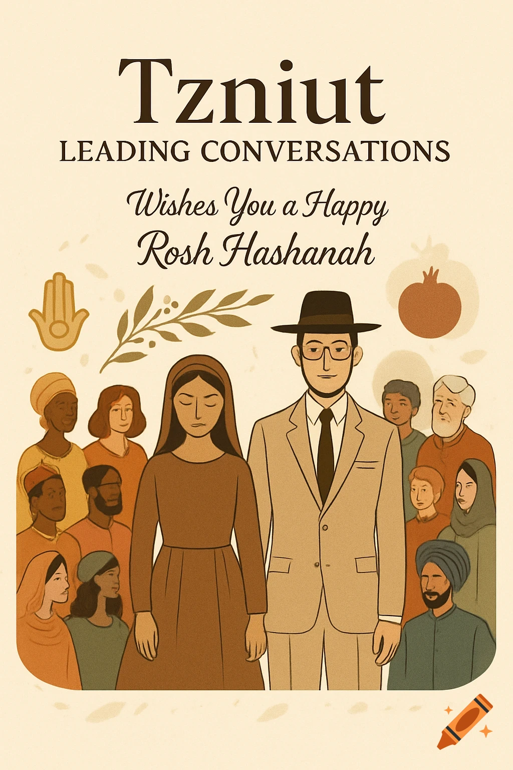 An illustration of a diverse community surrounding a modest Jewish couple, with text wishing a Happy Rosh Hashanah.