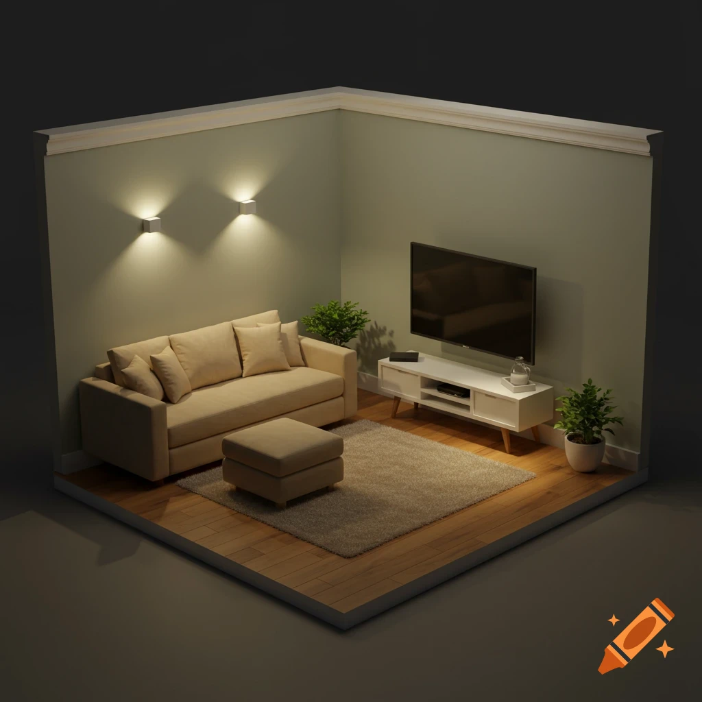 Modern cozy living room with a beige sofa, ottoman, wall TV, and plants, on a wooden floor with a rug.