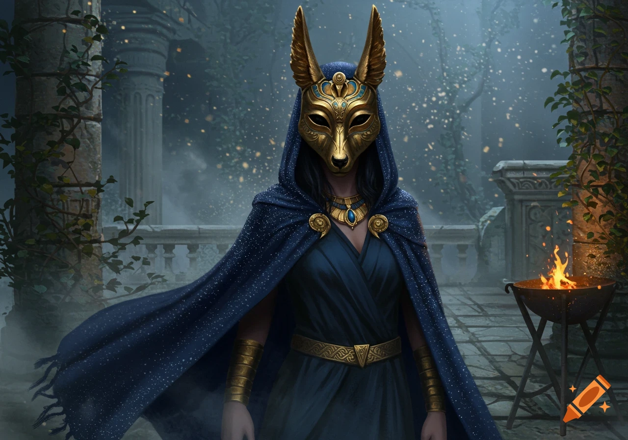 A mysterious figure in a golden jackal mask and dark blue hooded cloak stands in misty ancient ruins with a burning brazier.