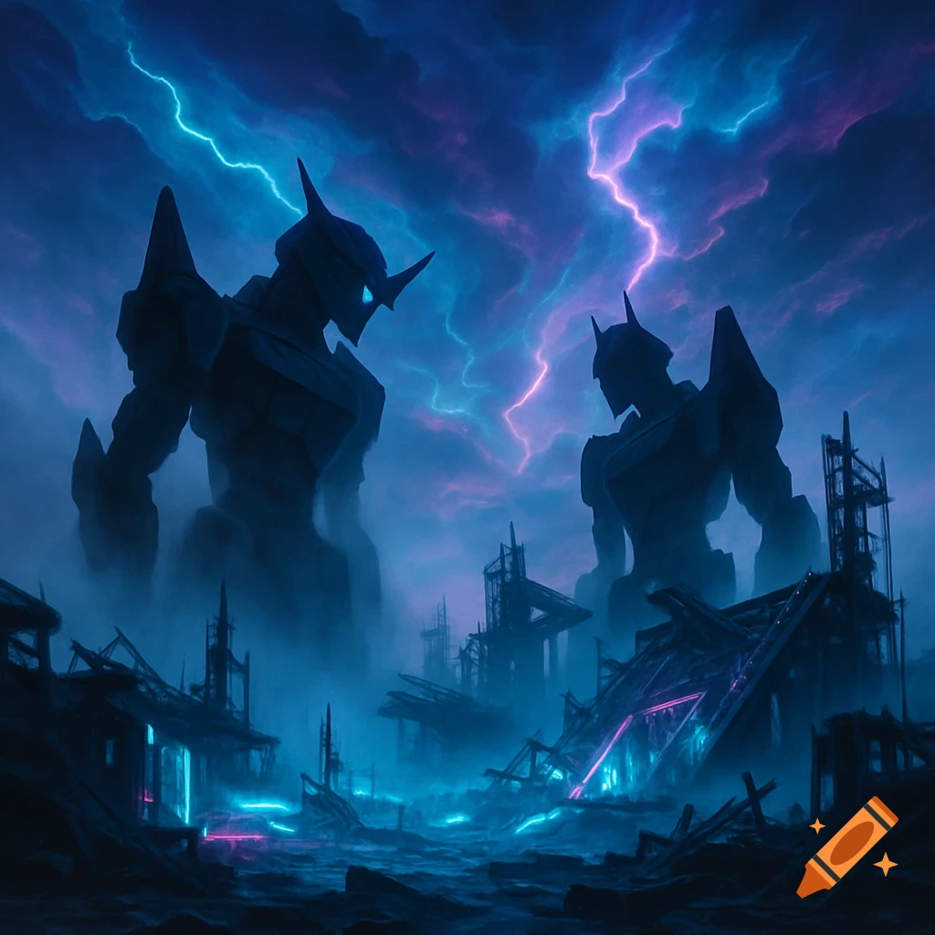 Two giant mechs stand in a neon-lit, ruined city under a stormy sky with lightning, in an anime sci-fi style.