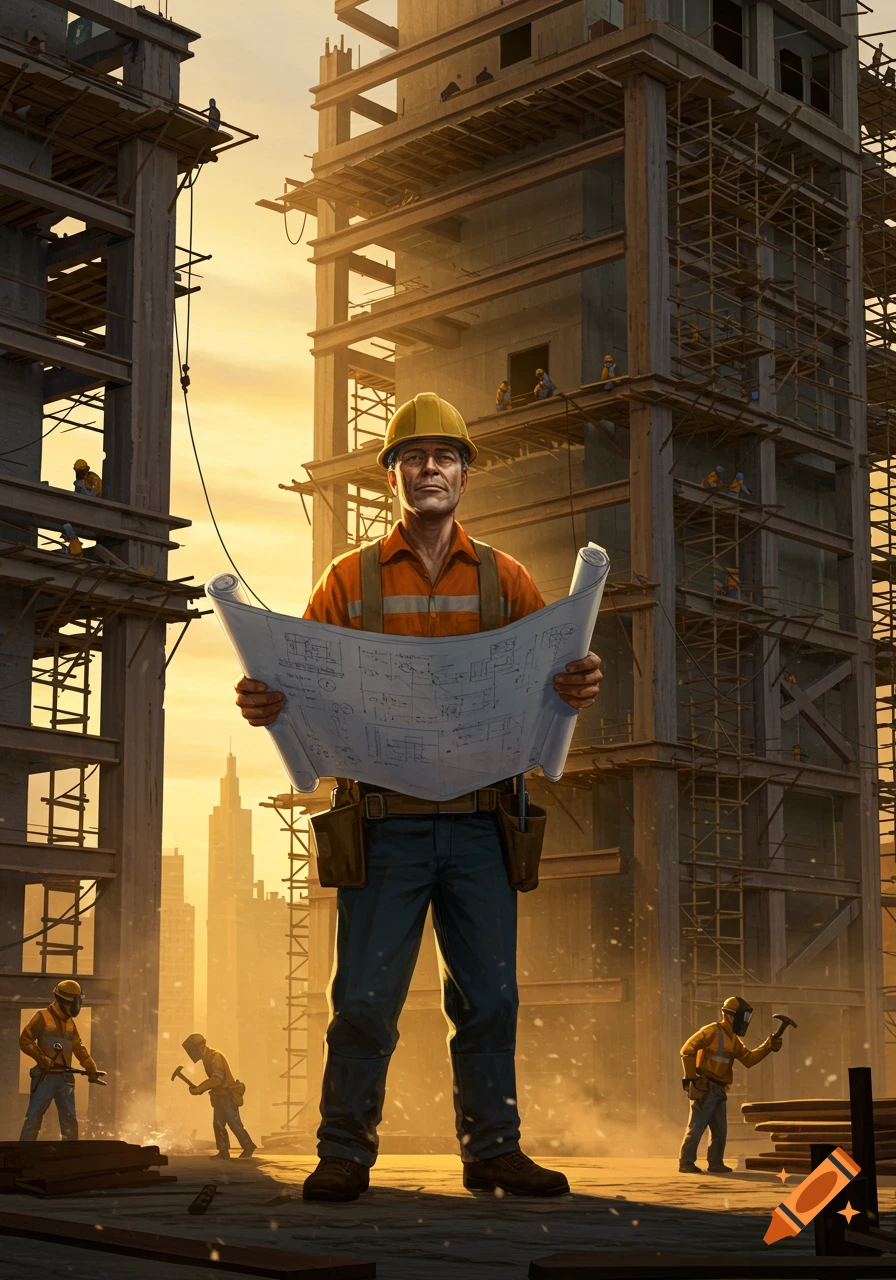 A construction worker in a hard hat and orange shirt holds blueprints, standing amidst a bustling construction site at sunset with other workers and scaffolding.