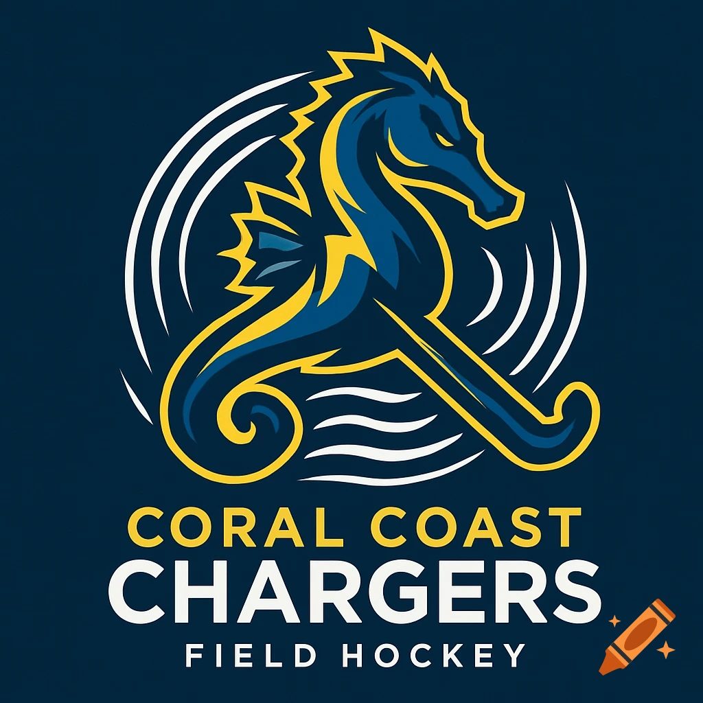 Logo for Coral Coast Chargers Field Hockey, with a blue and yellow seahorse holding a hockey stick, on a navy background.