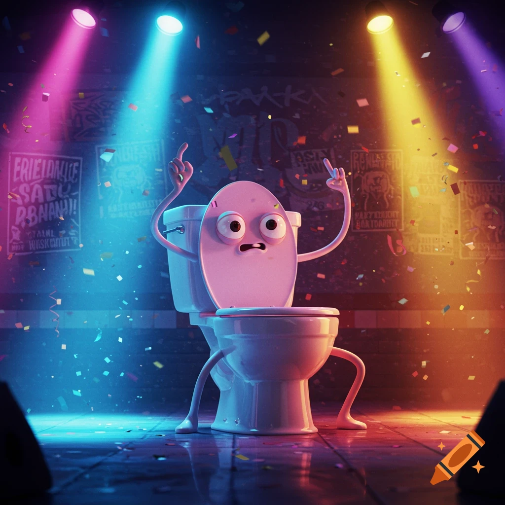 A pink cartoon toilet character with big eyes and arms raised, standing on a stage showered with confetti under colorful spotlights.