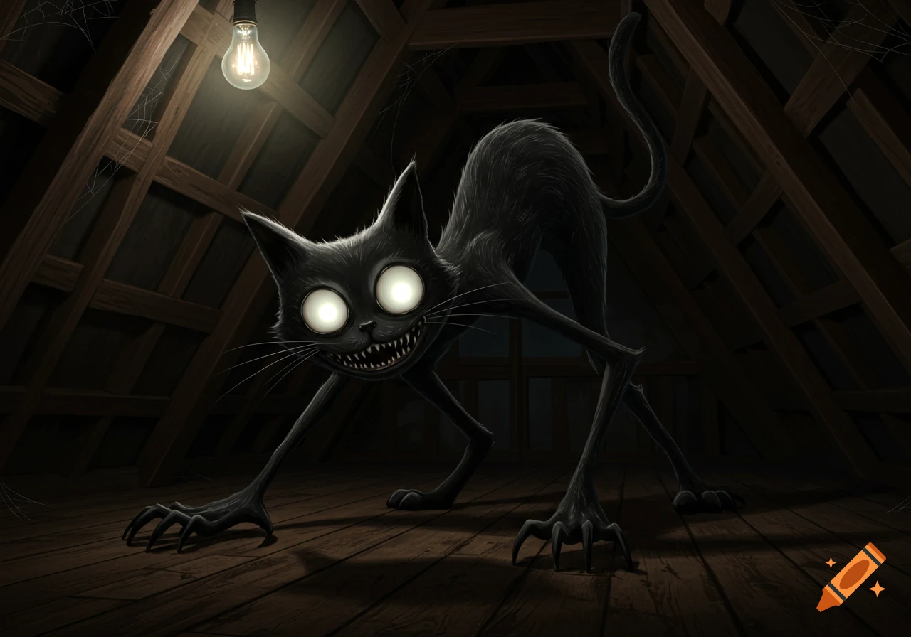A scary, skinny black cartoon cat with glowing eyes and sharp teeth stalks in a dark attic under a single light bulb.