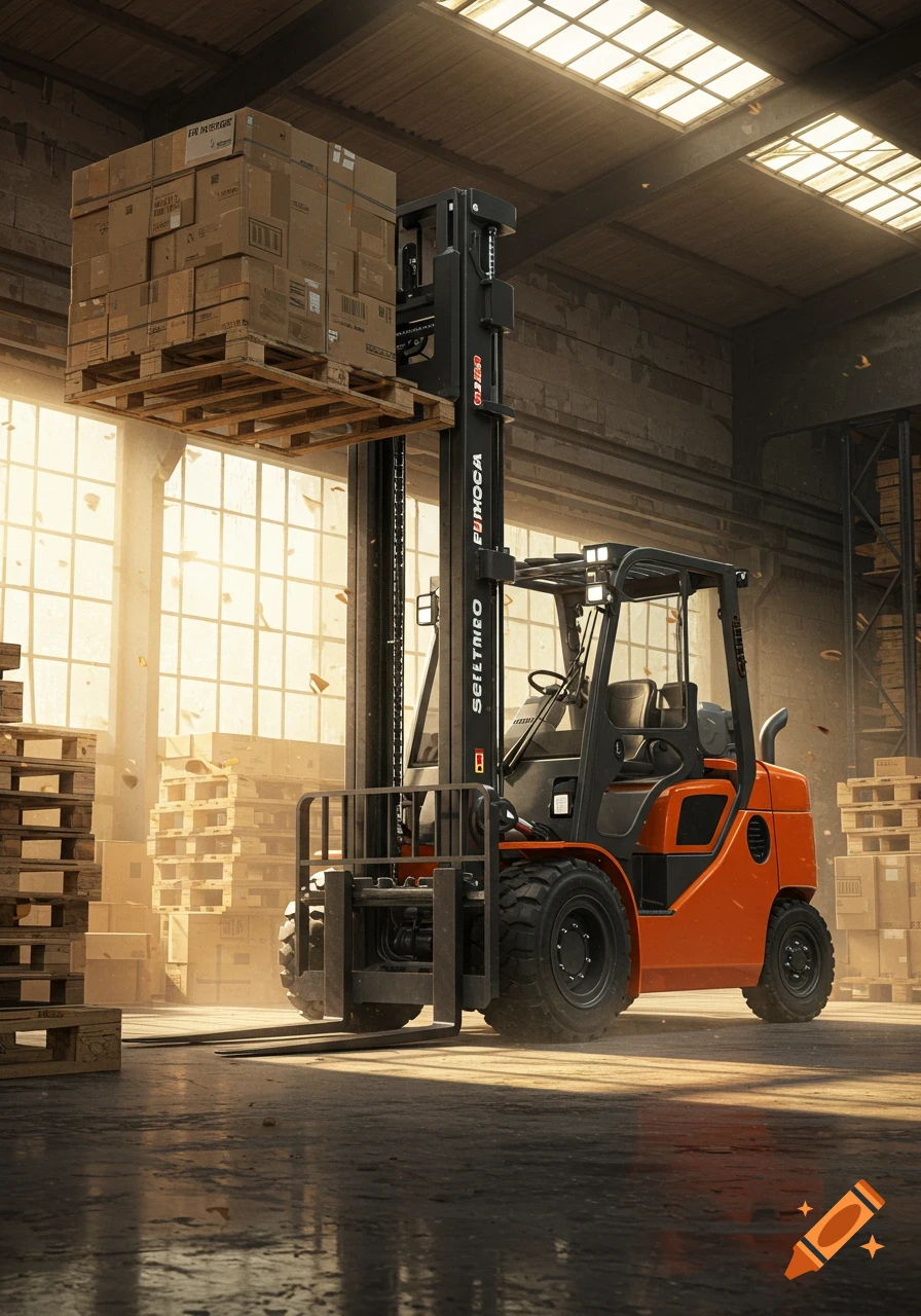 A photorealistic image of an orange and black forklift lifting a pallet stacked with cardboard boxes inside a sunlit warehouse.