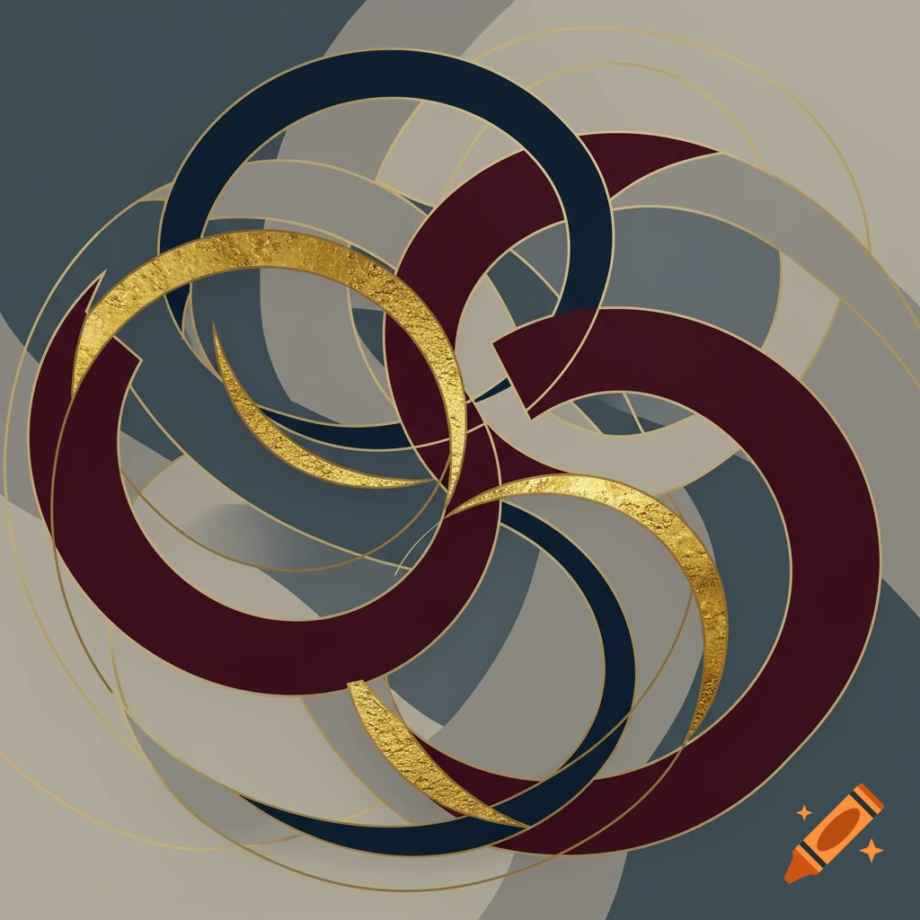 Abstract geometric design with interlocking beige, maroon, blue-grey, navy, and gold shapes.