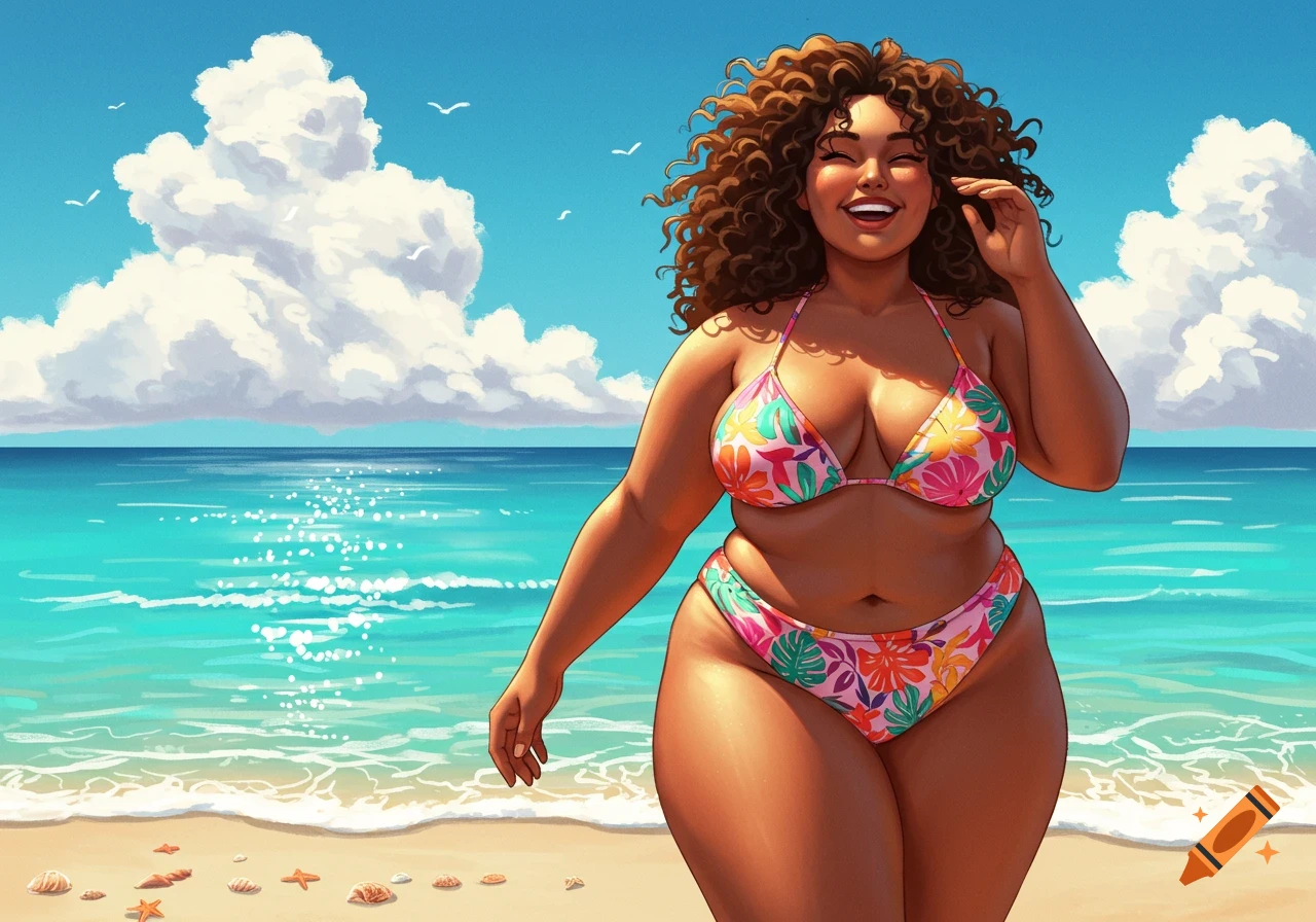 A happy, curvy woman in a floral bikini smiles on a sunny beach with blue water and sky, in a stylized illustration.