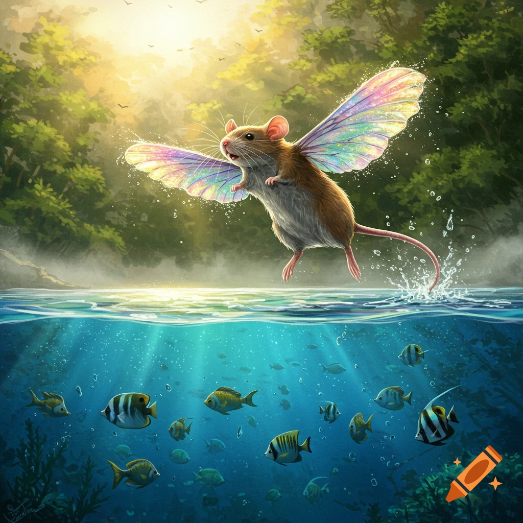 A small, brown mouse with iridescent, rainbow-colored wings flies over a lake, splashing. Below, tropical fish swim in clear water.