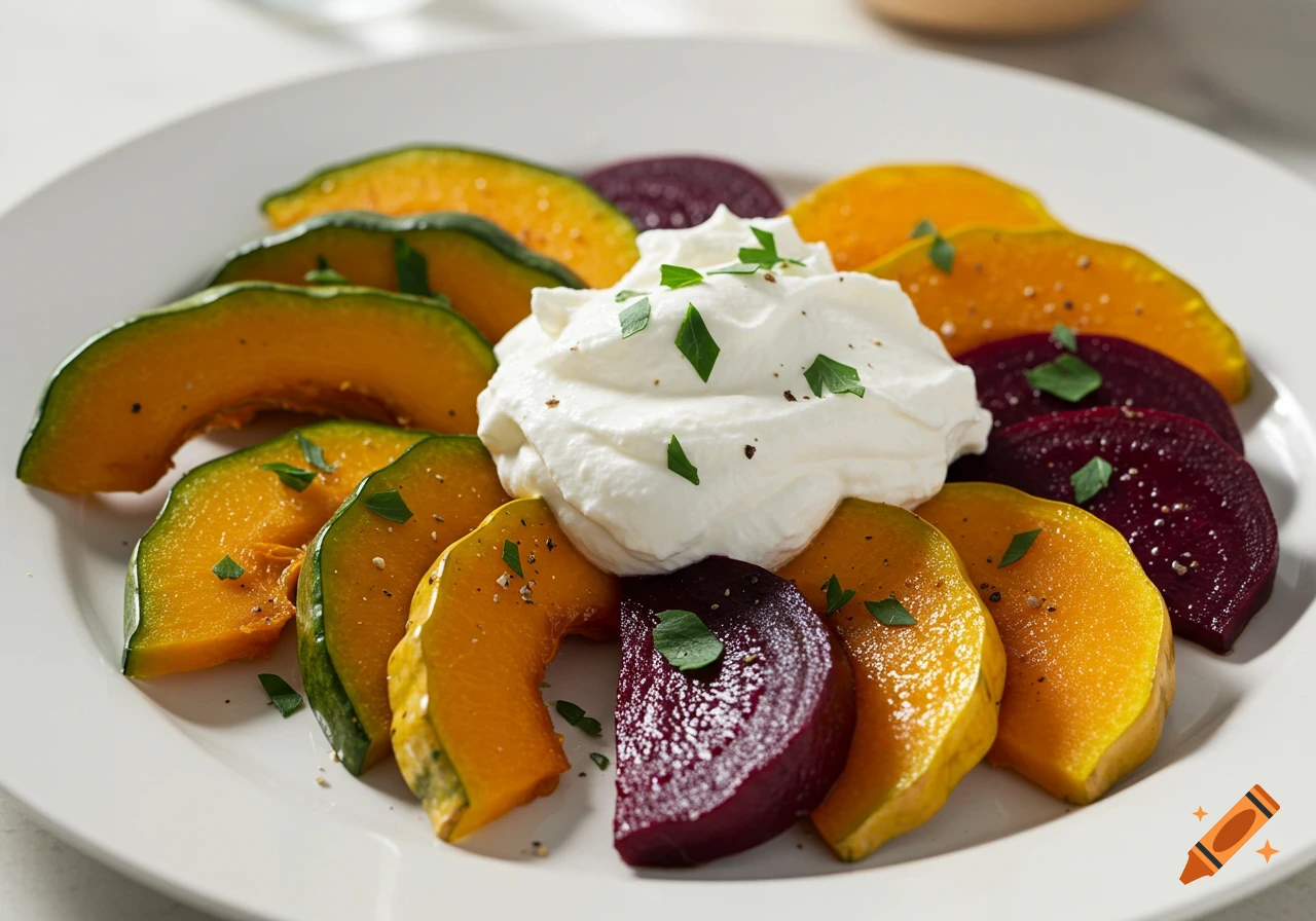Photorealistic image of a white plate with sliced acorn squash, golden beets, and whipped ricotta, garnished with herbs.