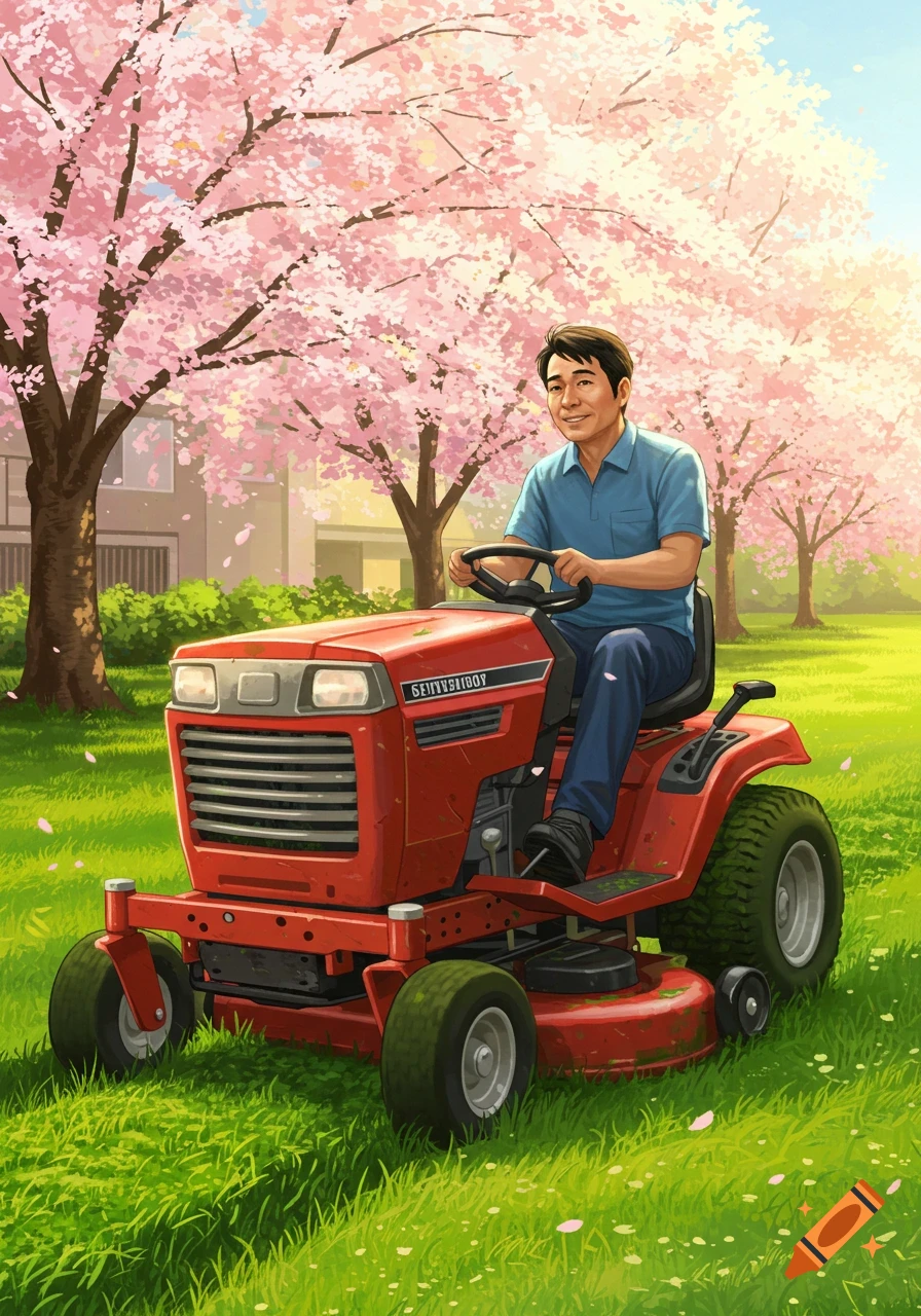 An Asian man smiles while riding a red lawnmower in a vibrant green lawn under pink cherry blossom trees, in an illustrative style.