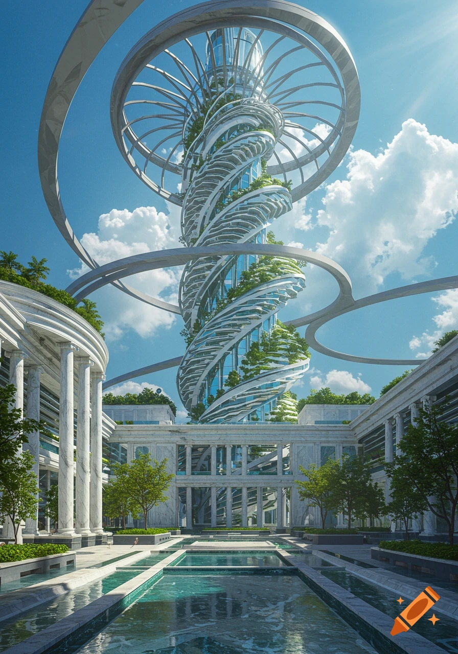A tall, spiraling futuristic skyscraper covered in lush greenery overlooks a grand courtyard with white columns and reflecting pools under a blue sky.