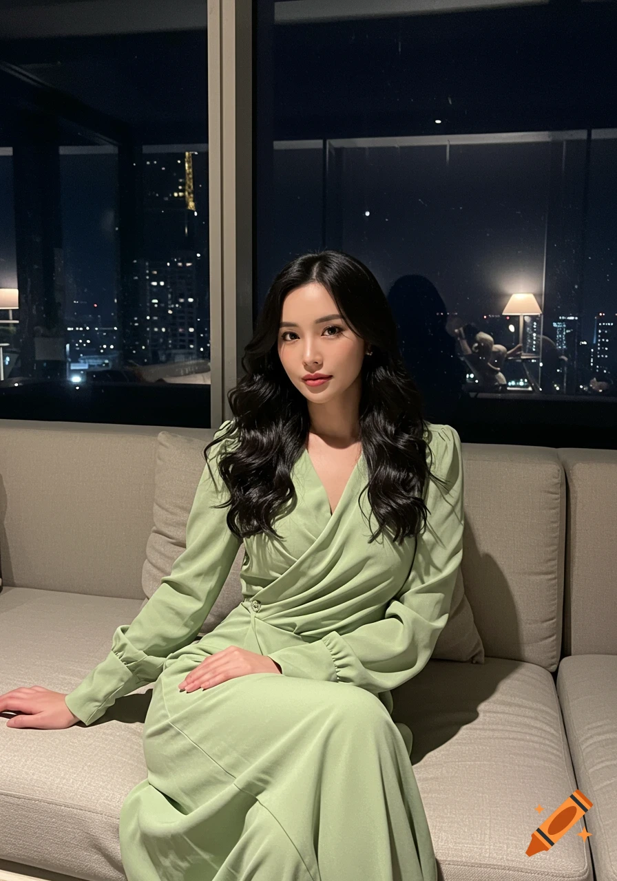 A woman with long dark curly hair and makeup, wearing a pastel green wrap dress, sits on a sofa by a window with a city night view.