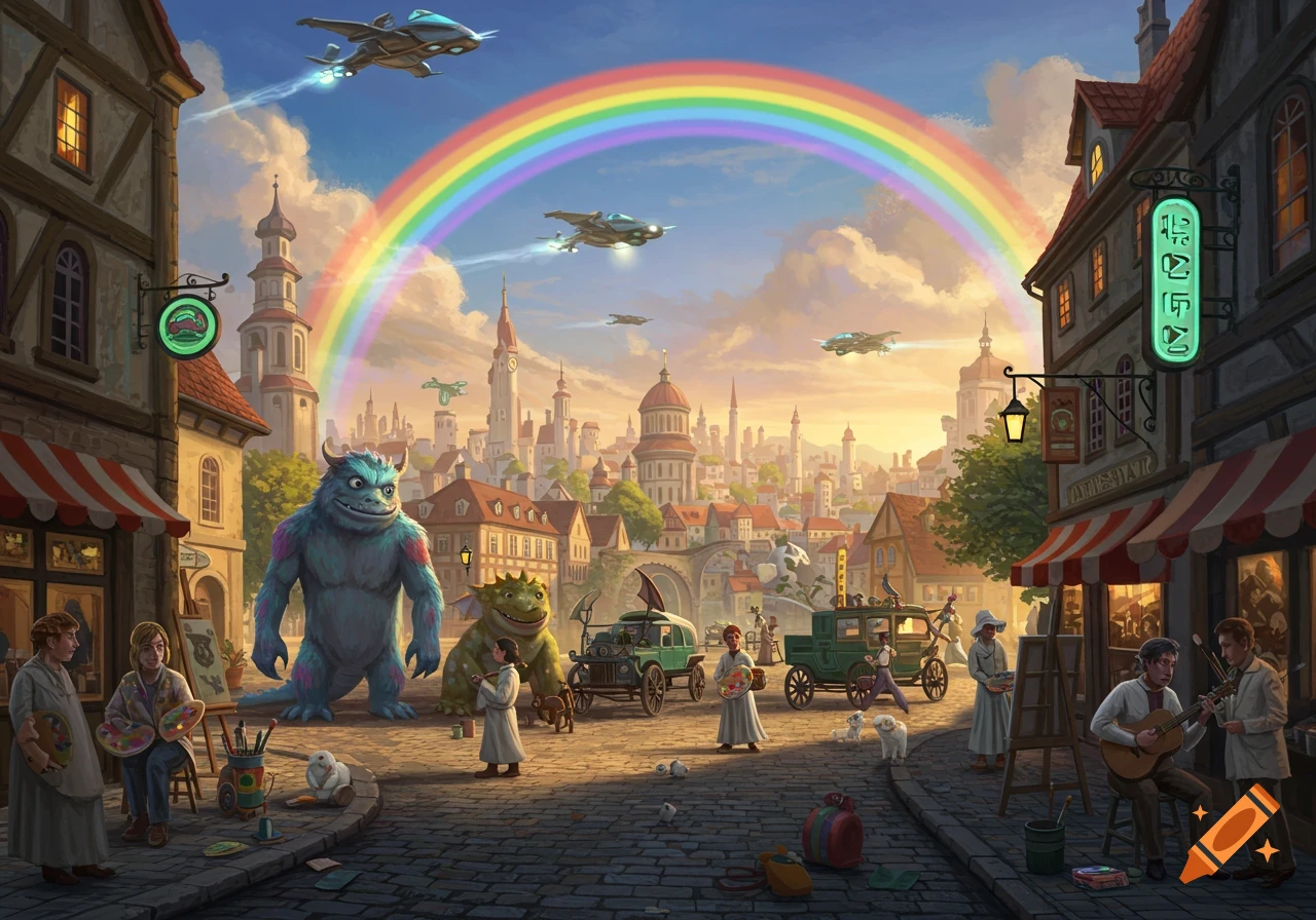 A vibrant fantasy town street scene with a rainbow, flying cars, large monsters, and artists painting and playing music.