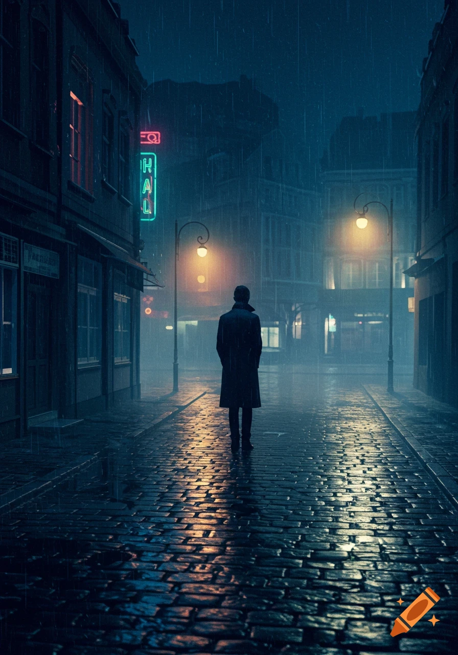 A person in a long coat walks away down a wet, cobblestone city street at night, lit by streetlights and a neon sign in the rain.