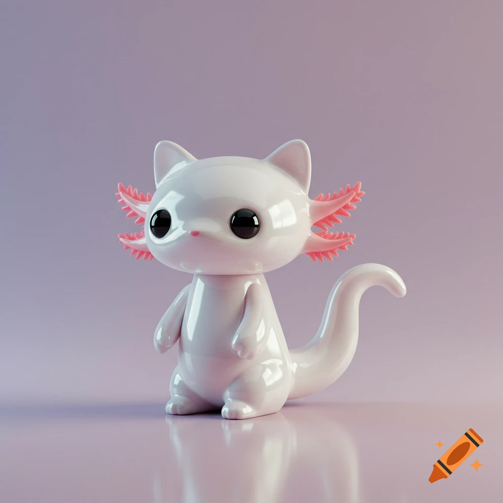 A cute, glossy white axolotl-cat hybrid figurine with big black eyes and pink gills stands on a reflective purple surface.