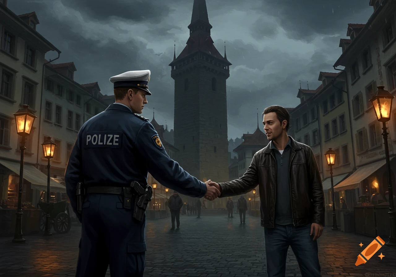 A police officer and a man shake hands on a cobblestone street at night, with a tall tower and old buildings in the background. Digital art style.