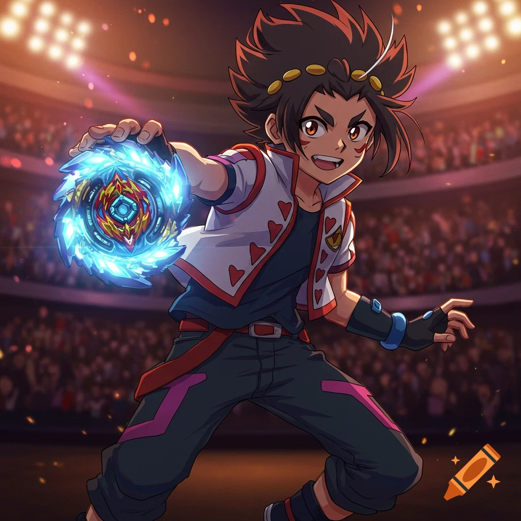 An anime character, Tenka Shiroboshi, holds a glowing blue Beyblade in a stadium with a blurred audience.