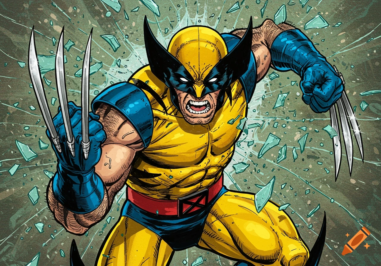 Wolverine in classic yellow and blue costume, claws extended, breaking through shattered glass in a dynamic comic book style.