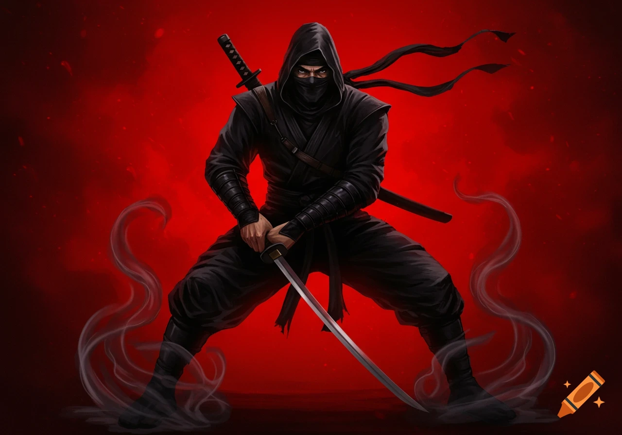 A formidable ninja in a black suit, crouching with a katana, against a vibrant red background with smoke.