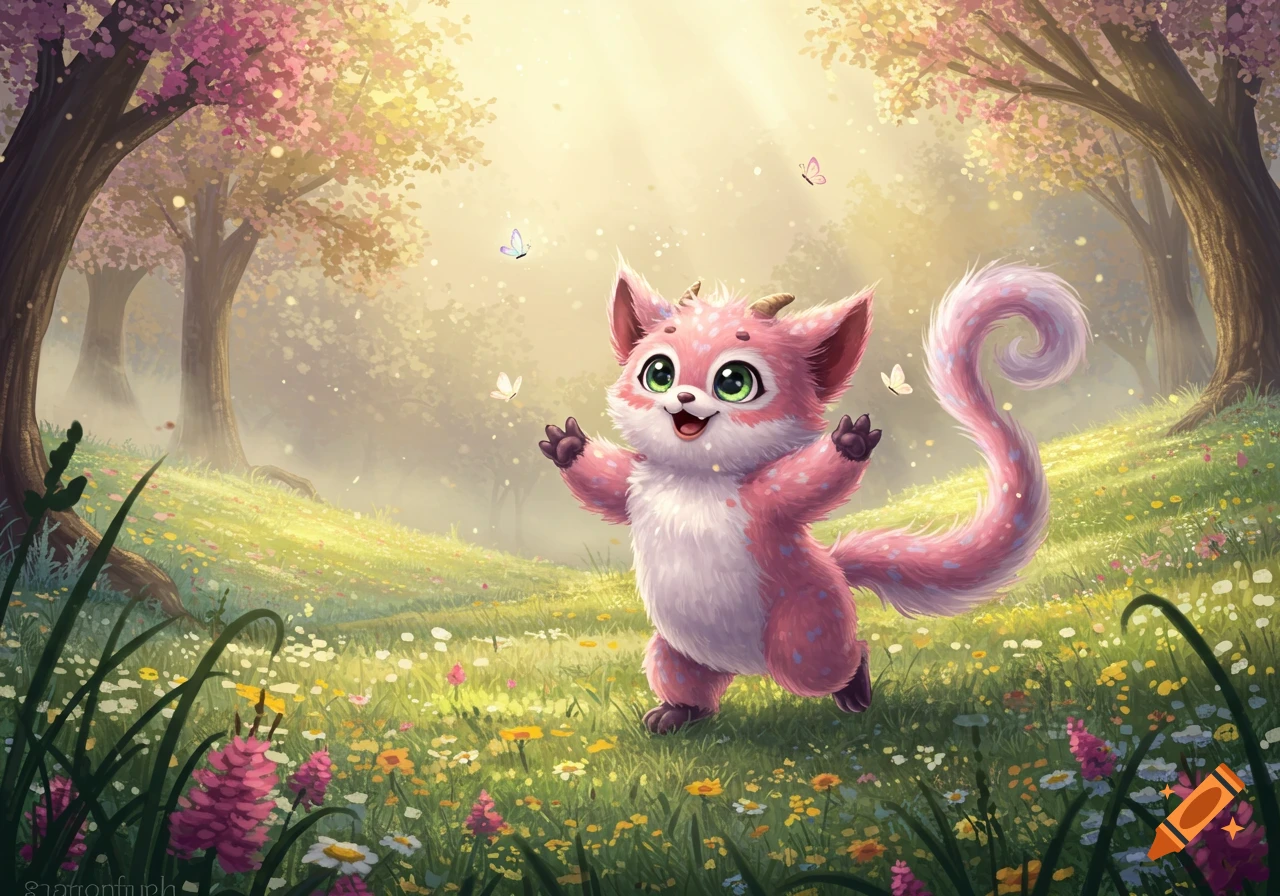 A cute, fluffy pink fantasy creature with big green eyes stands in a sunny, flower-filled forest with pink cherry blossoms.
