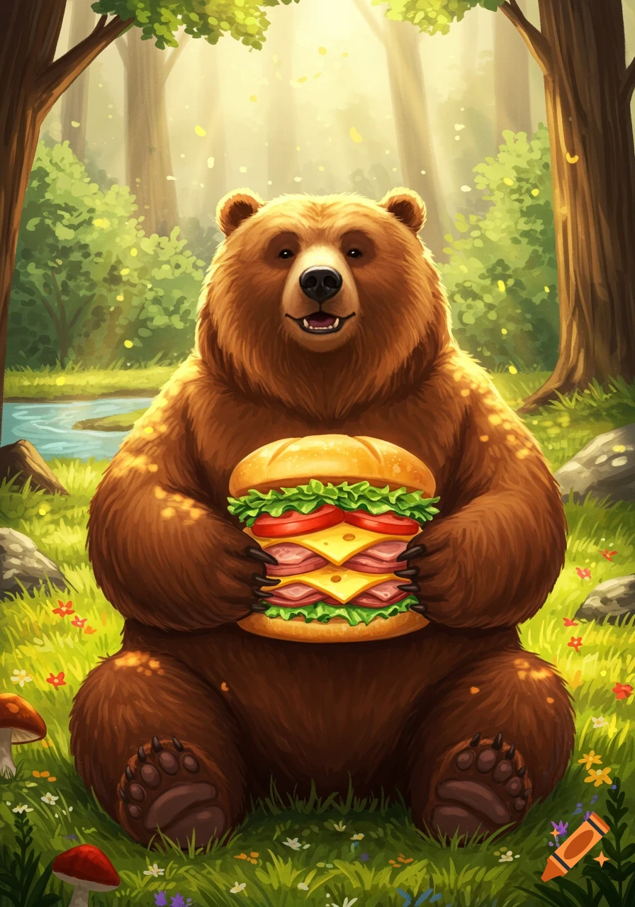 A happy cartoon brown bear sits in a sunny forest, holding a large sandwich filled with lettuce, tomatoes, ham, and cheese.