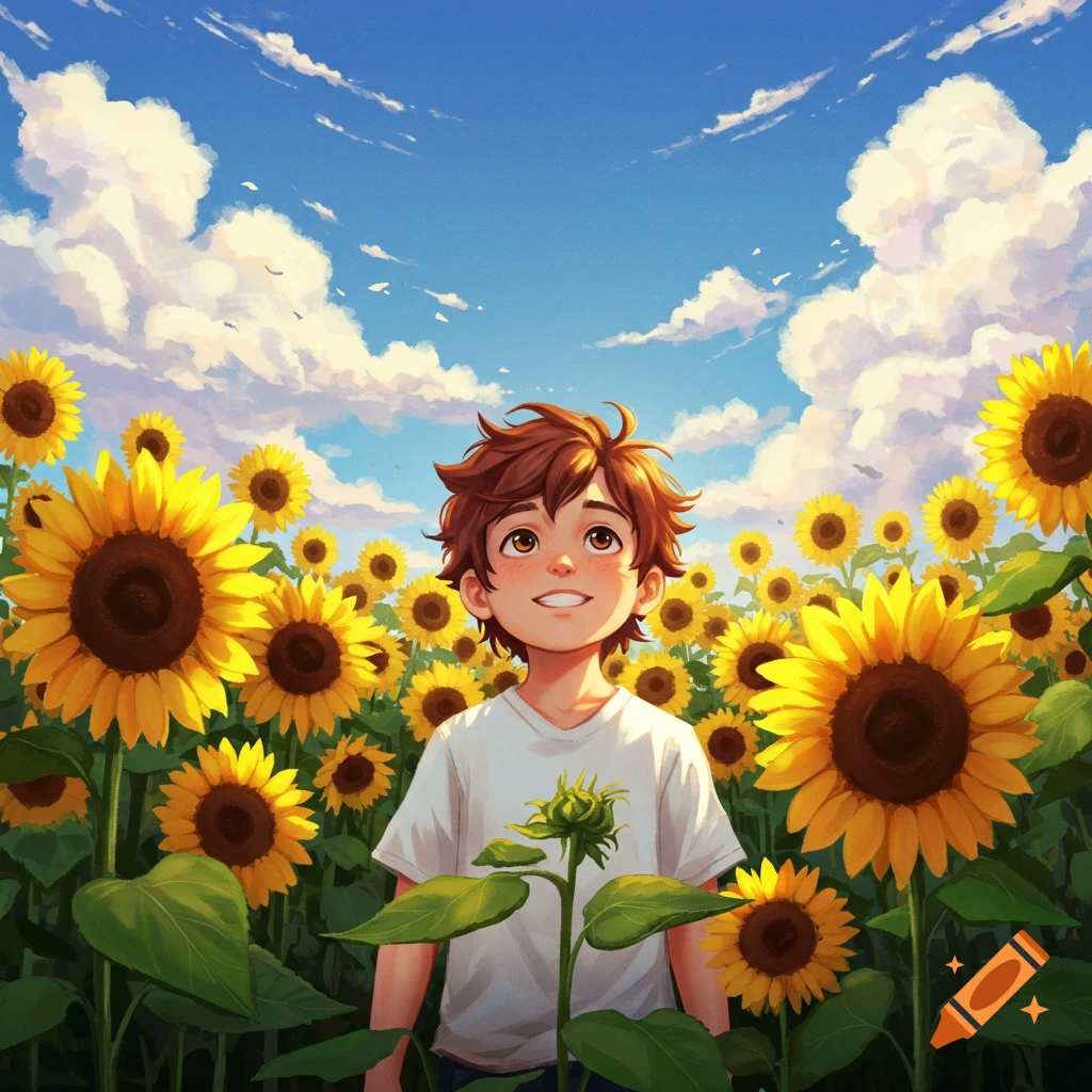 A happy anime boy with brown hair stands in a field of sunflowers under a bright blue sky.