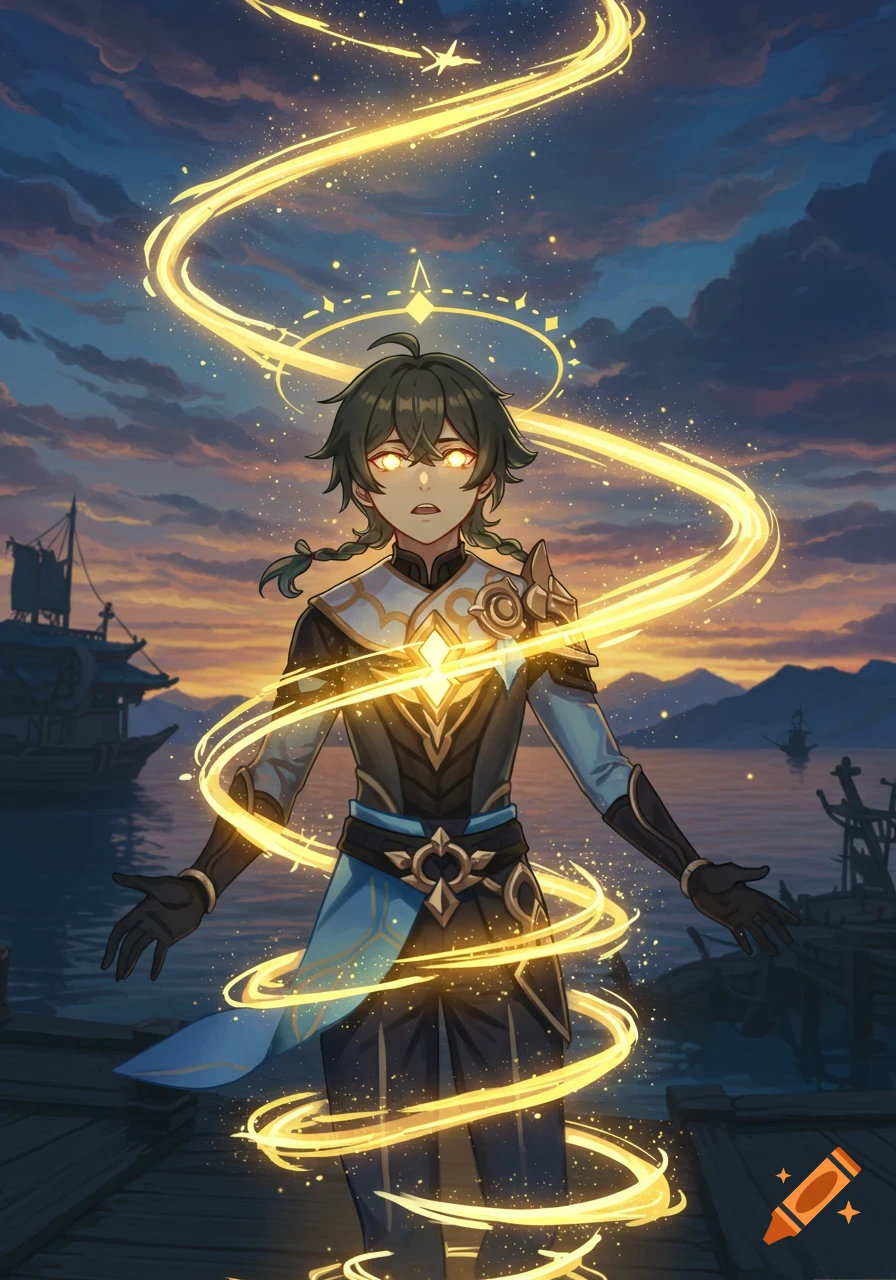 An anime male character with glowing eyes, wrapped in golden magic, stands on a dock at sunset.