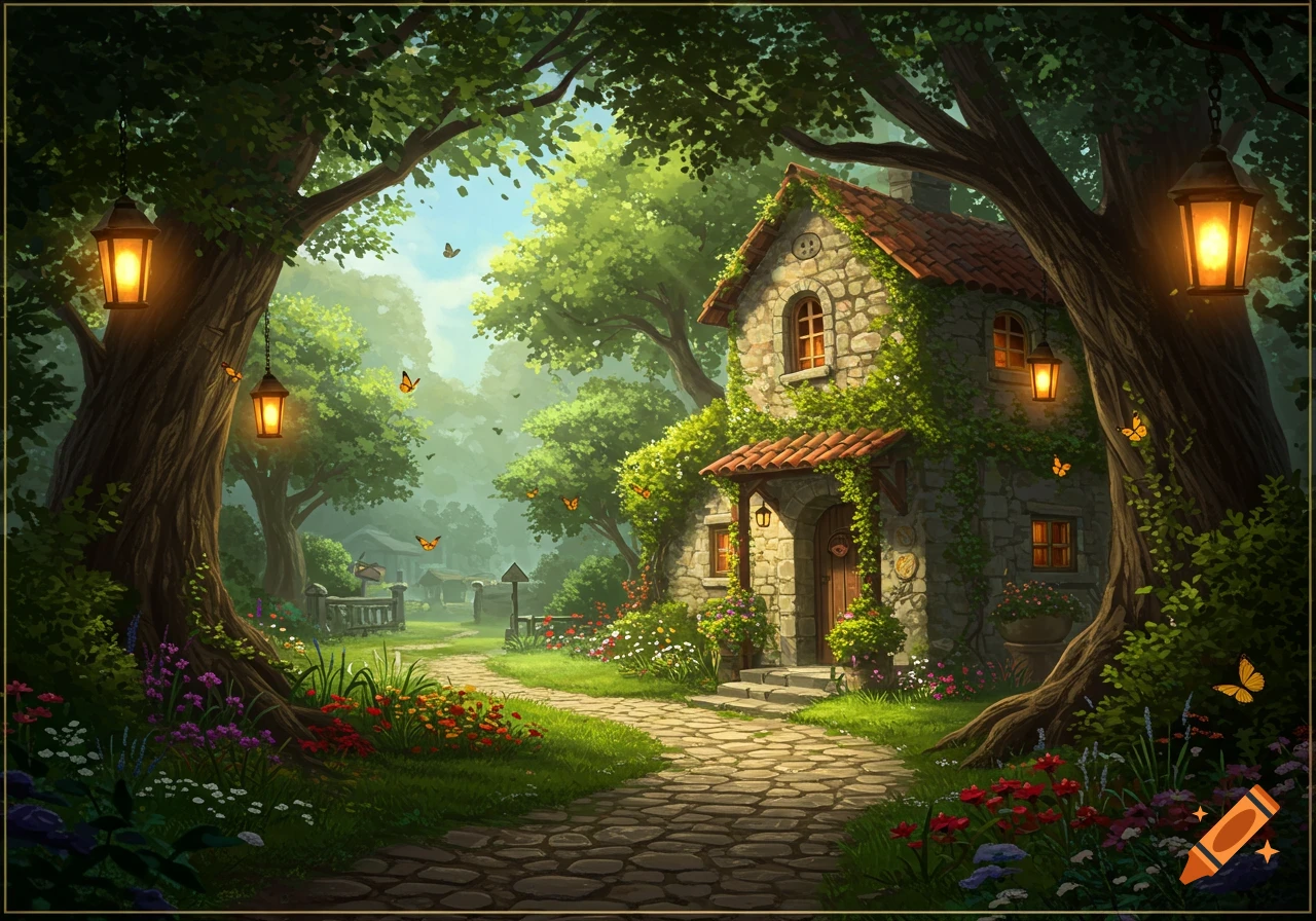 A charming stone cottage covered in ivy with a red roof, nestled in a lush, green forest with a winding cobblestone path and glowing lanterns.