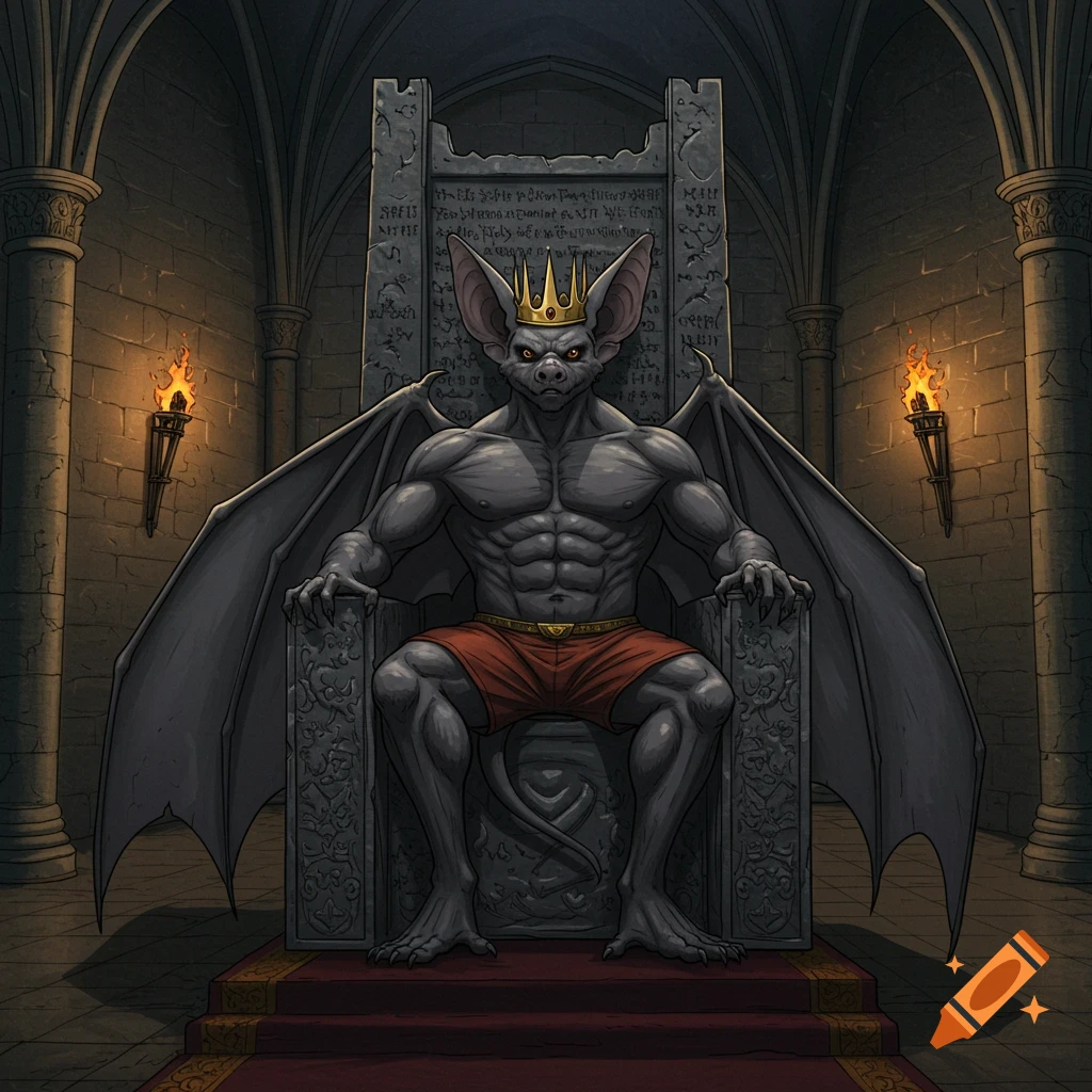 Muscular anthropomorphic bat king with a crown and wings sits on an ornate stone throne in a dark castle hall with flaming torches. Stylized illustration.