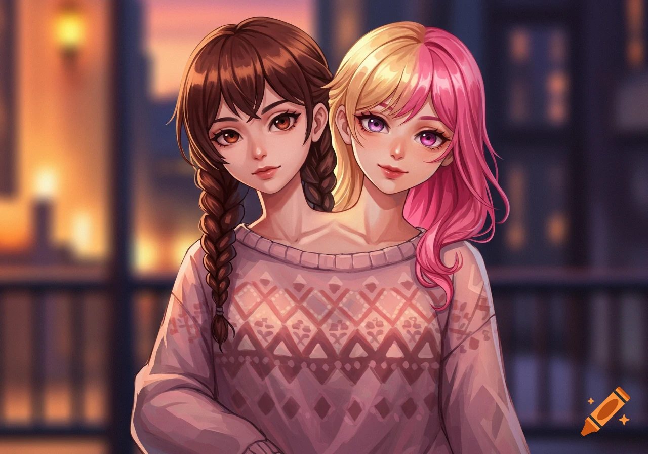 Anime-style portrait of conjoined twins with distinct hair colors and styles, sharing a patterned sweater.