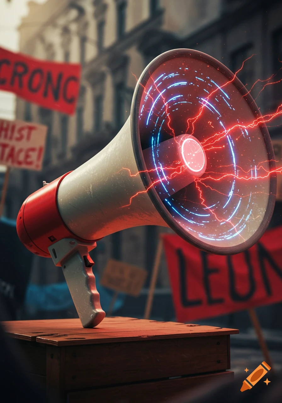 A red and white megaphone with glowing blue and red electrical energy, resting on a wooden stand. Blurred protest signs are visible in an urban background.