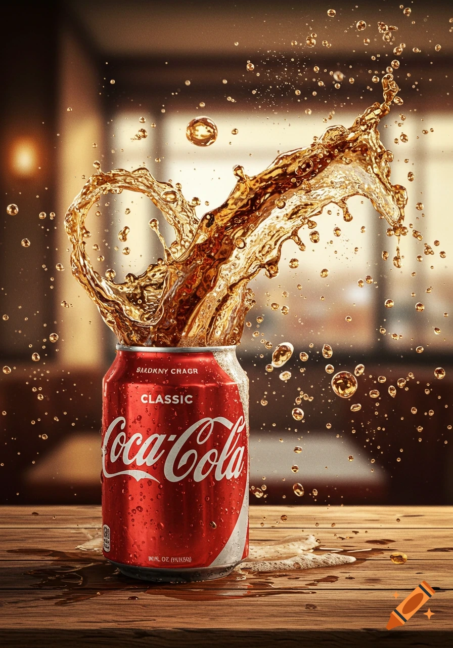Photorealistic image of a red Coca-Cola can with liquid splashing out, surrounded by droplets on a wooden surface.