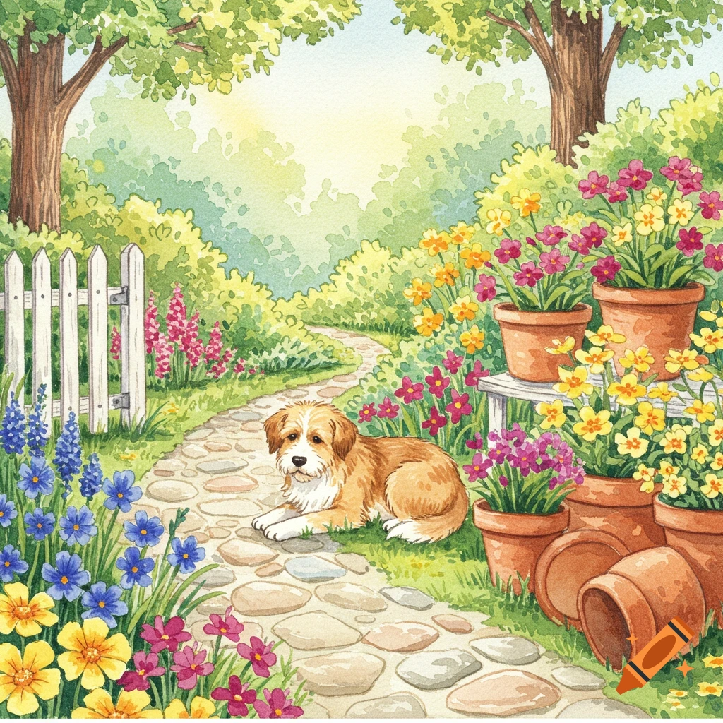 Whimsical watercolor of a brown and white dog lying on a stone path in a vibrant cottage garden filled with colorful flowers.