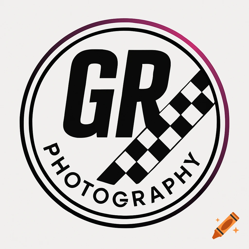 A bold circular logo for GR Photography. It features large black 'GR' letters, 'Photography' curved along the bottom, and a diagonal black-and-white checkered racing stripe. The outer ring has a subtle pink-to-purple gradient.